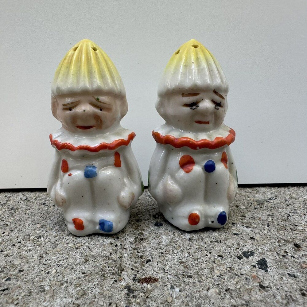Vintage Sad Circus Clown‎ Ceramic Salt Pepper Shakers Japan 2.5" Polka Dot
